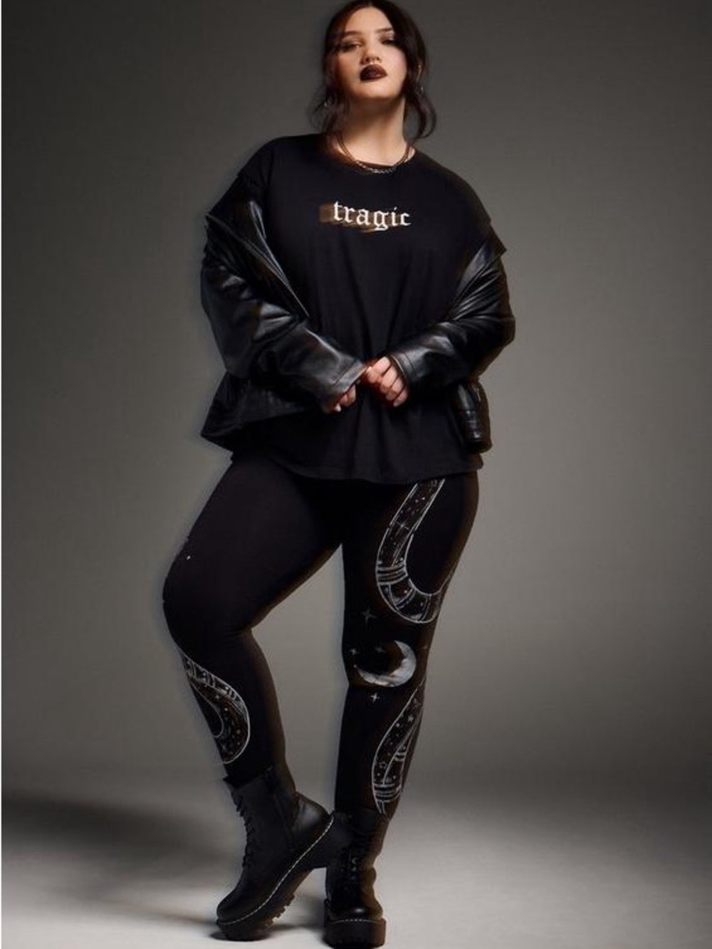 Torrid Black Leggings with White Snake & Moon Print